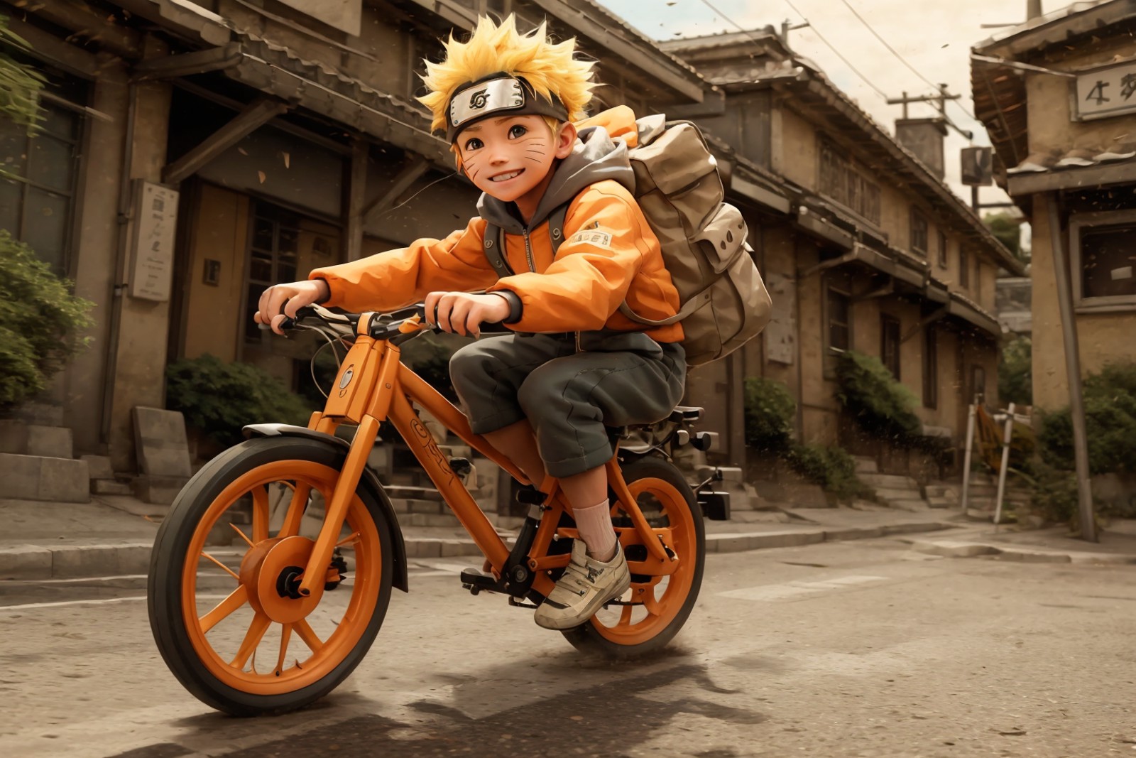 chibinaruto, 1boy, blonde hair, male focus, ground vehicle, solo, bicycle, smile, outdoors, male child, bag, looking at vi...